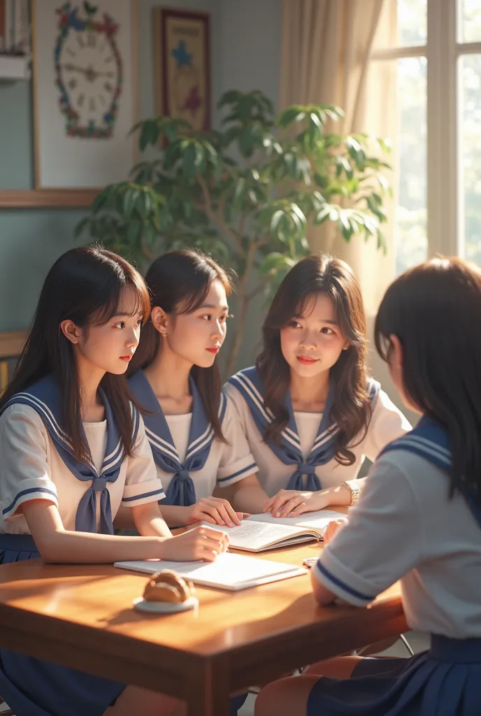 (photorealism:1.2), beautiful girls wearing koraean school uniform, sitting next to a handsome guys whos wearing white shirt.  They are learning on the table