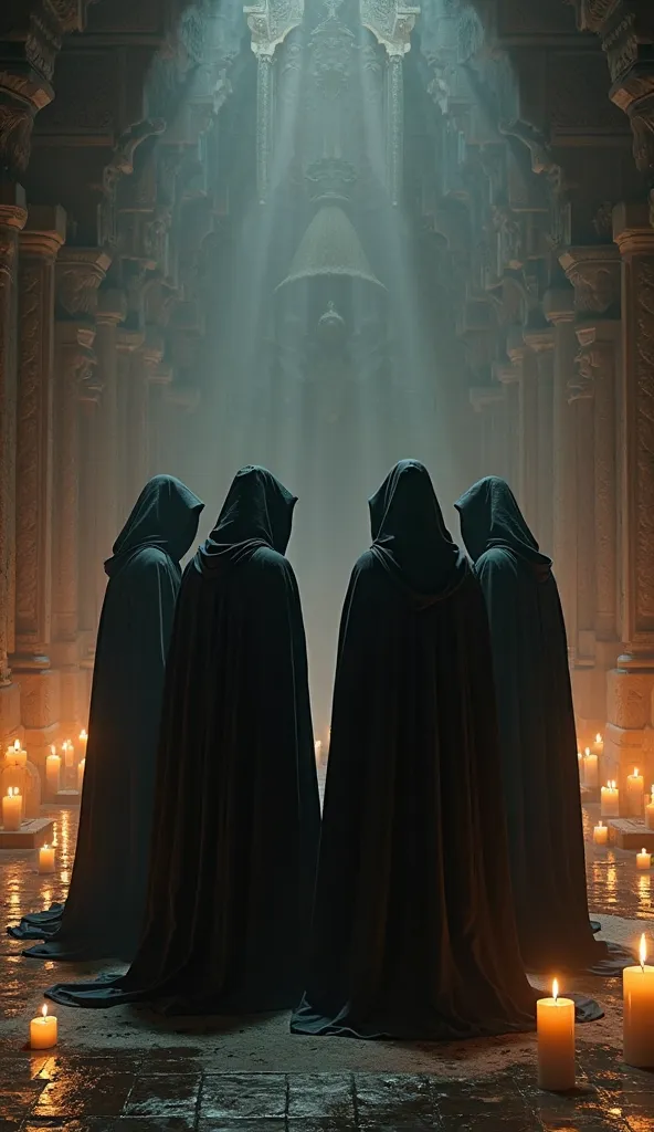 Make me an image of 4 people in black hoodies talking in a temple surrounded by candles preparing for a ritual