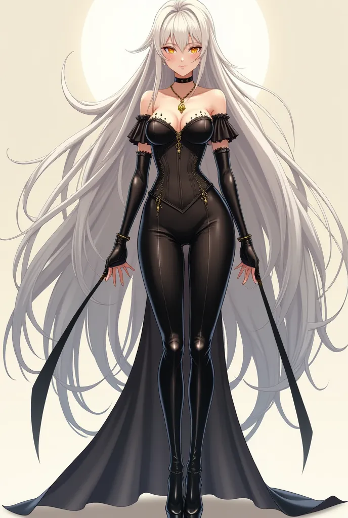 Anime,woman,white hair,gold eyes,full body,wide hips,black off the shoulder long sleeve corset,black pants,thigh high heel boots,long gold necklace,stoic face,tiny waist,fair skin,