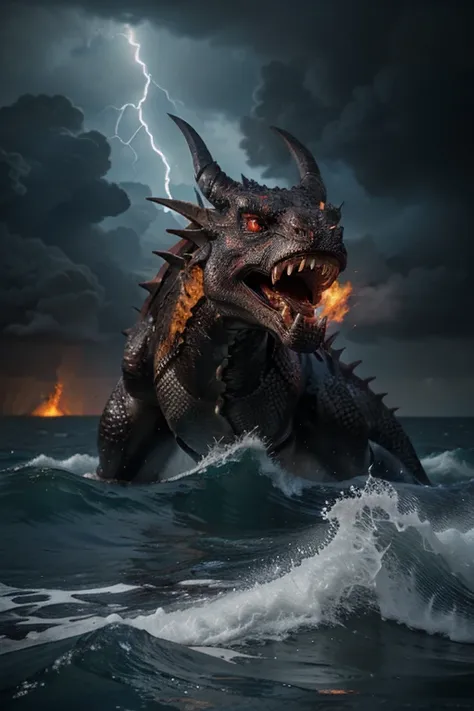 A huge threatening dragon emerged from the ocean, its body is covered in obsidian dark scales with jagged edges and sharp. The dragon's face was terrifying, with fiery red eyes that burned intensely, and his mouth was open, exposed sharp fangs and lava liq...