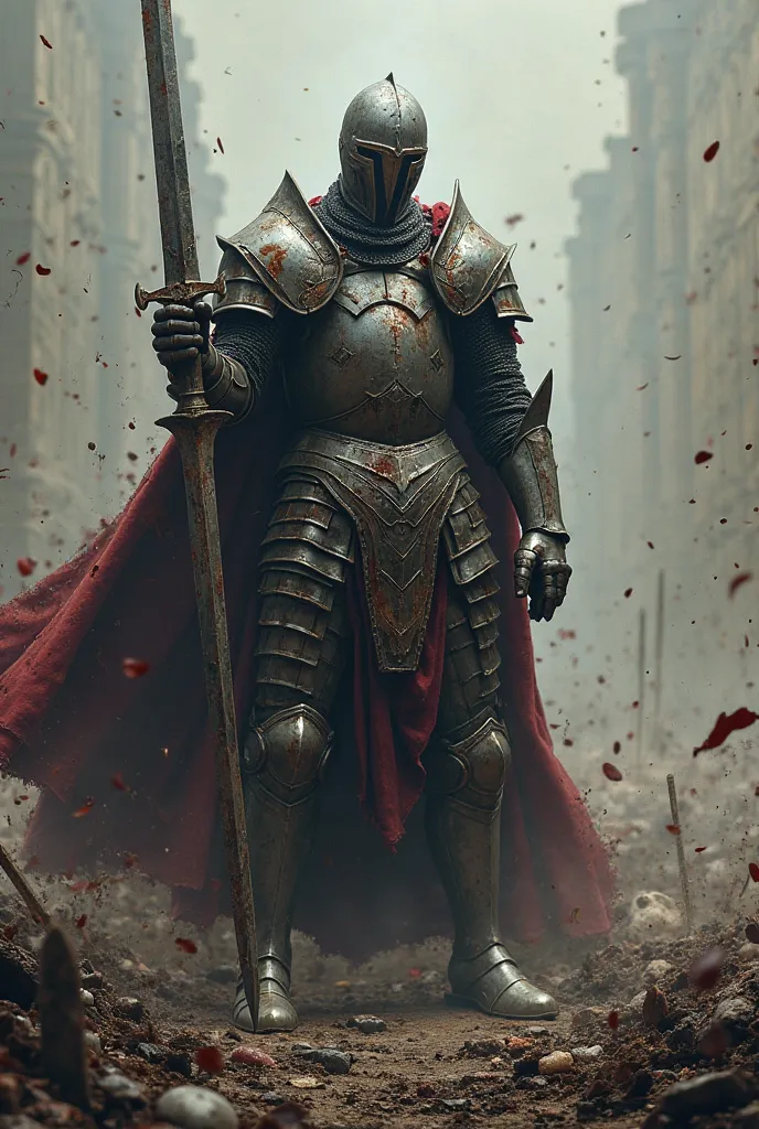 A wounded knight in full-armor and helmet with sword in hand, refusing to die out of pure spite.