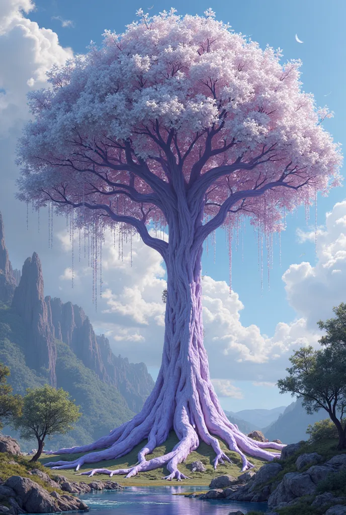 A tree with really light purple bark and silver leaves to the tree that shimmer at all times that are tall.