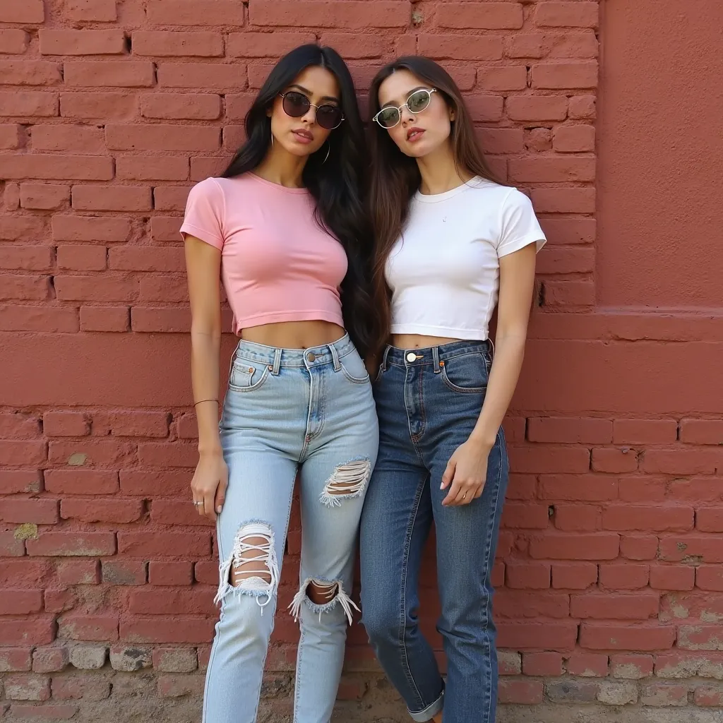 Hyper-realistic fashion photography of two stylish young women posing against a rustic red brick wall. The woman on the left has a heart-shaped face, long black wavy hair, smooth radiant skin, huge round shape perfect breasts, a slim yet curvy figure, and ...