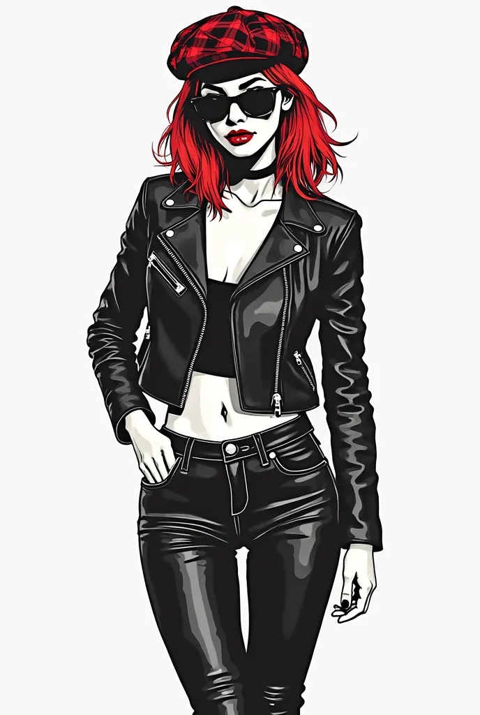 (vector illustration, vector style, simple details:1.4)), (black and white and red),(black inking, flat colours:1.5), psychobilly woman, full lenght, (dressed in short black leather jacket, black leather jeans, flat plaid cap, retro sunglasses:1.4), punky ...