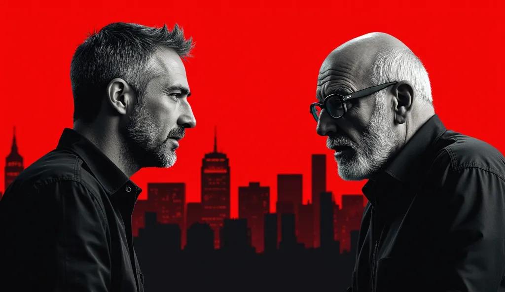 Image is a promotional graphic featuring two men engaged in conversation against a red and black background with a silhouette of a city skyline. On the left, a man with short, graying hair and a beard, wearing a dark shirt  On the right, an older man with ...