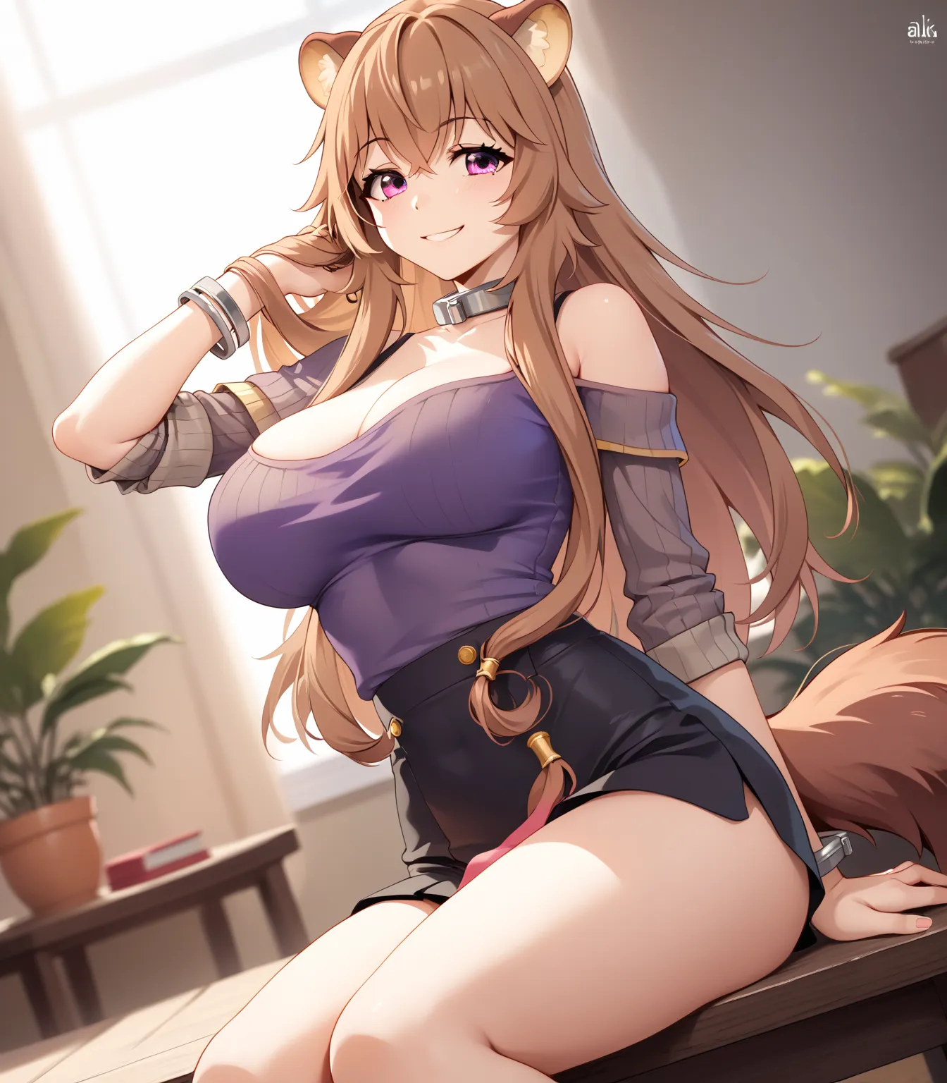 1girl, 4k, solo, long hair, Raphtalia, pink eyes, brown hair, brown raccoon ears, brown raccoon tail, half-lidded eyes, looking at viewer, smirk, perfect slim figure, beautiful, detailed, absurdres, purple clothes, black clothes, multicolored clothes, low ...