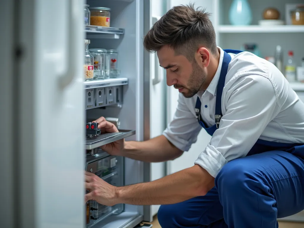 a technician with white and blue uniform working on Fridge, wide angle shot, High-quality photo