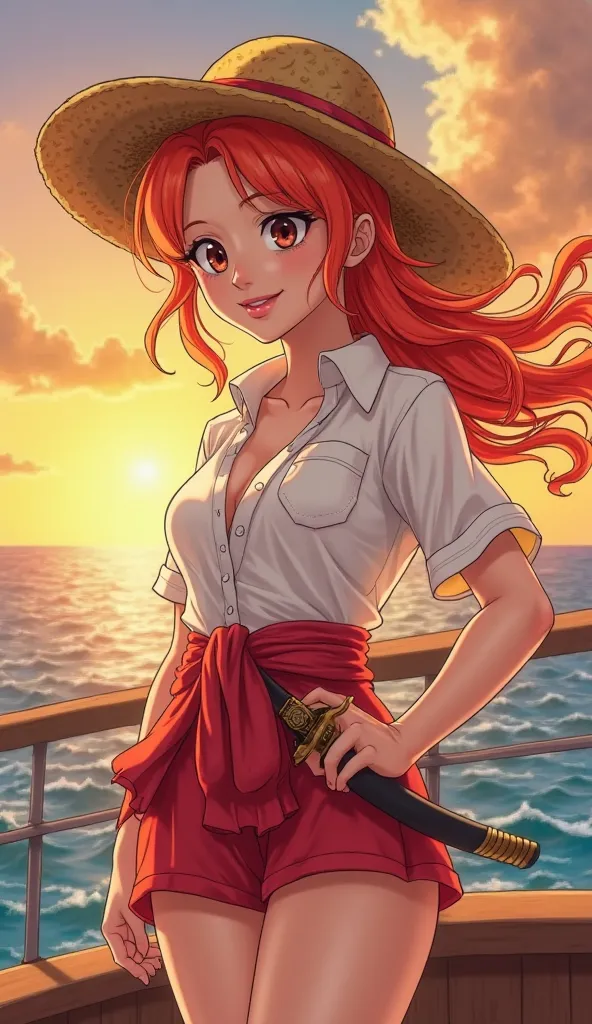 Smooth Quality - A radiant cartoon-style girl embodying Shanks’ charismatic and carefree spirit; she has flowing, fiery red hair cascading over one shoulder, warm, confident brown eyes that gleam with wisdom, and wears a stylish, open white shirt with a re...