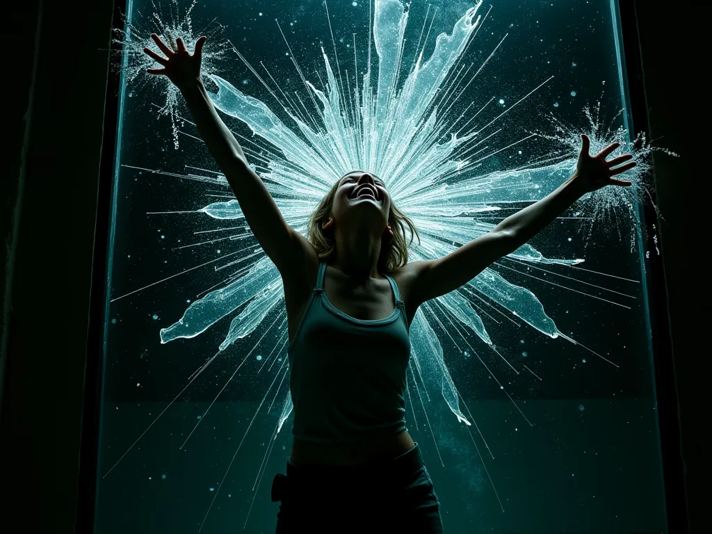 ((extremely detailed, ultra-hd 8k, Raw foto, vivid and bright , complex structures,  dynamic movement, cinematic ,  hyperrealistic scene )),*  dynamic scene: deceived, Woman breaks diagonally upwards through a pane of glass, Stretch arms diagonally upwards...