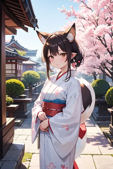  woman alone, Kemono fox, adult woman, young and beautiful, wearing a white Sakura-themed kimono as a print, in a temple garden during the day, fox features: fox tail and ears in brown color, white-tipped tail and ears, anime style, pajamas, high definitio...