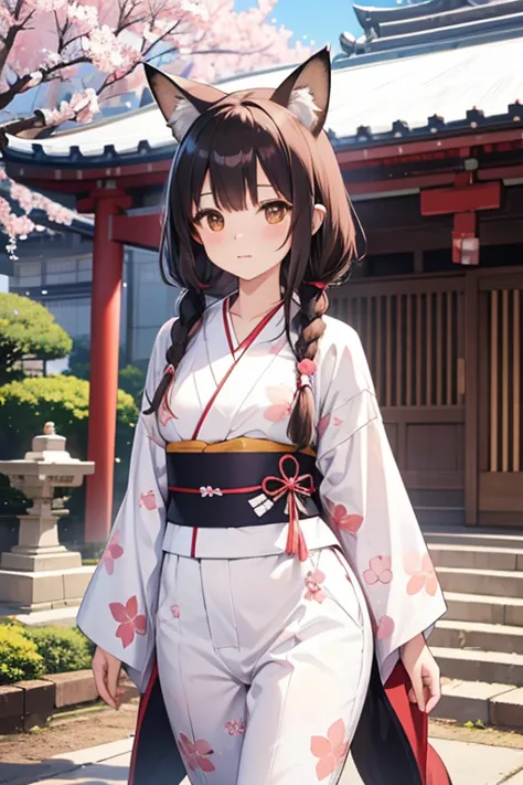  woman alone, Kemono fox, adult woman, young and beautiful, wearing a white Sakura-themed kimono as a print, in a temple garden during the day, fox features: fox tail and ears in brown color, white-tipped tail and ears, anime style, pajamas, high definitio...