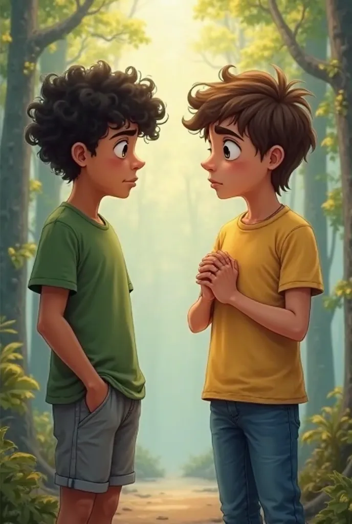 Arjun has curly black hair, brown eyes, and wears a green T-shirt with gray shorts. Rohan has straight brown hair, black eyes, and wears a yellow T-shirt with blue jeans. Arjun and Rohan are standing in the forest, facing each other. Rohan looks ashamed an...