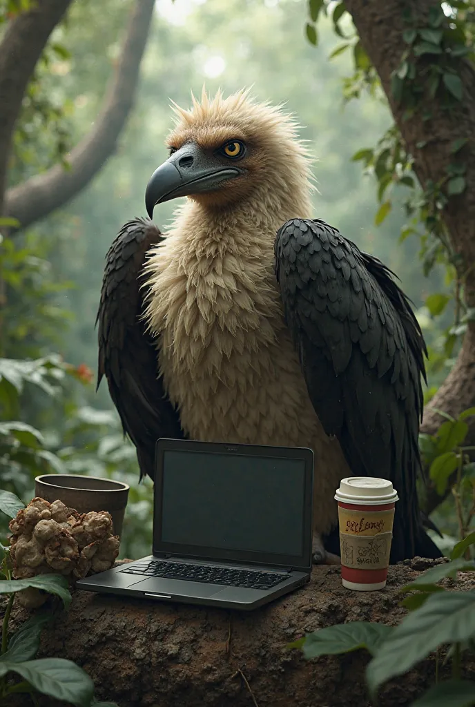 Jungle book vulture with a take away coffee and laptop looking tired. 