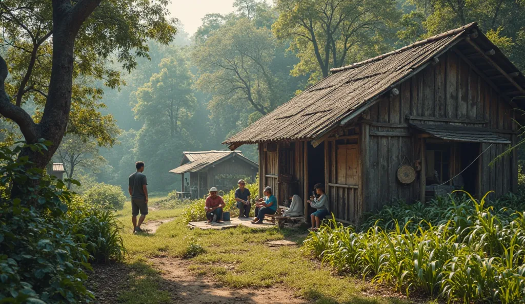 Many Activities West Javanese people are sitting on the edge of a simple house surrounded by forests and a beautiful village there is a man from Yemen passing by and the residents say hello while lowering their heads 