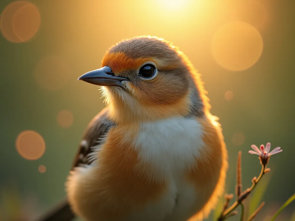 A mesmerizing close-up portrait of a gorgeous little bird illuminated by the soft, golden light of a tranquil morning, with vibrant bokeh balls gently framing its delicate form.