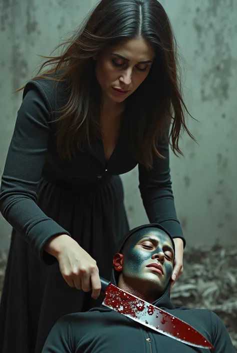 Realistic, A Very beautiful woman, woman very thick hair, boy hoodie, woman kill boy, woman very big breast, woman slaughters boy neck like a lamb, boy neck is flowing with blood, woman knife, boy dead, boy full face mask