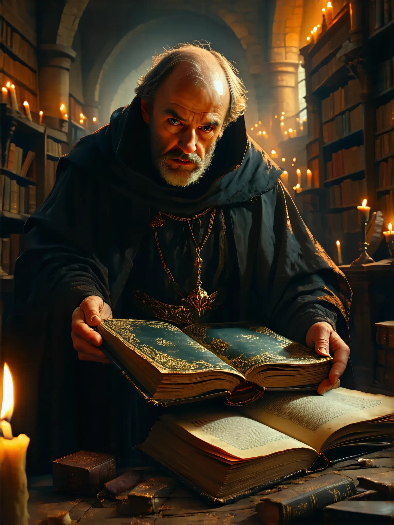 The movie "The Name of the Rose", a medieval monastery, a middle-aged monk picking up a large, ornately bound forbidden book in the forbidden library, trembling, a terrified expression, a dimly lit room with candlelight, a secret door,