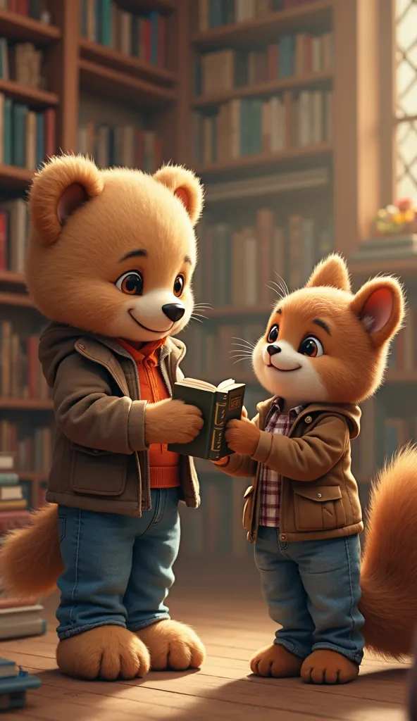 Teddy bear and cat couple in a Library, teddy wearing blue jeans and cat wearing brown jacket, a squirrel giving them a book as a gift 