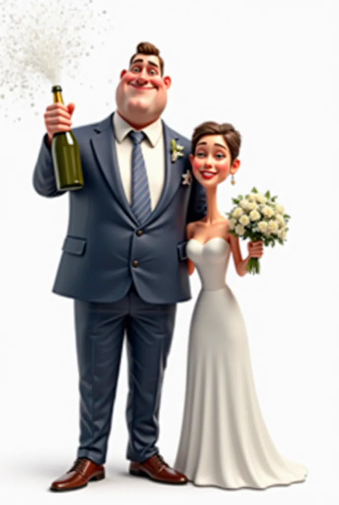 Create a 3D digital caricature of a tall, solidly built groom with a bit of extra weight around his midsection. He wears a dark blue classic suit, a white shirt, and a matching tie. His posture is relaxed but confident, holding an open champagne bottle tha...