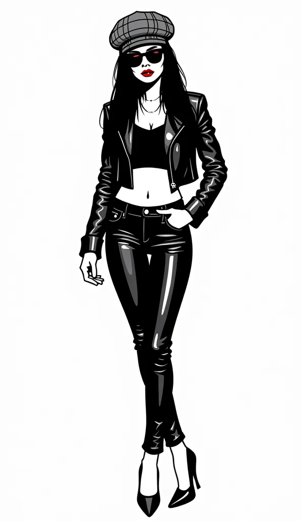 (vector illustration, vector style, simple details:1.4)), (black and white and red),(black inking, flat colours:1.5), (full lenght;1.4), psychobilly woman, long straight black hair, red lipstick, (dressed in short black leather jacket, black leather jeans,...