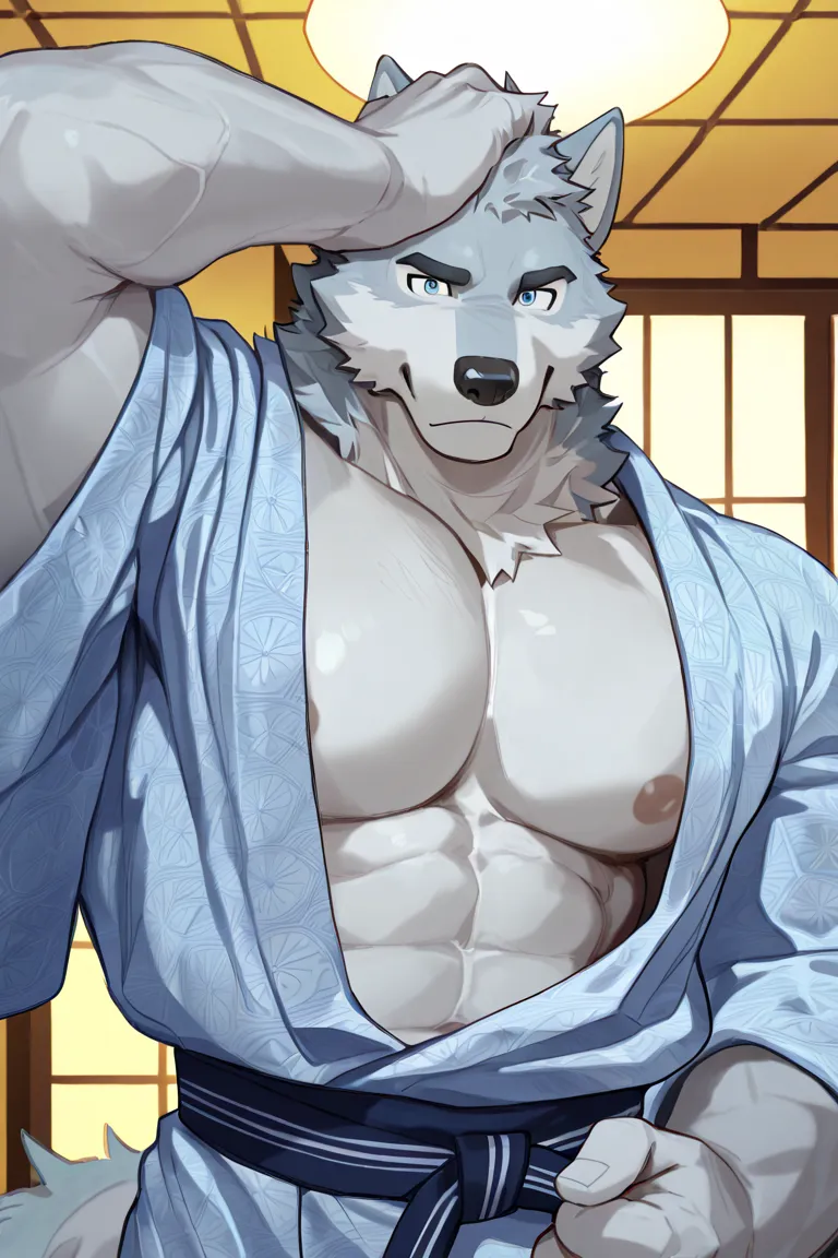 Wolf, male, light gray fur, blue eyes, 筋肉質な強いmale, particularly developed muscles, blue yukata, Lewd face,blanking of experiences, scratching his head with his hands, tail, secretly staring at the camera,  Japanese-style room, warm yellow lighting ,correct...