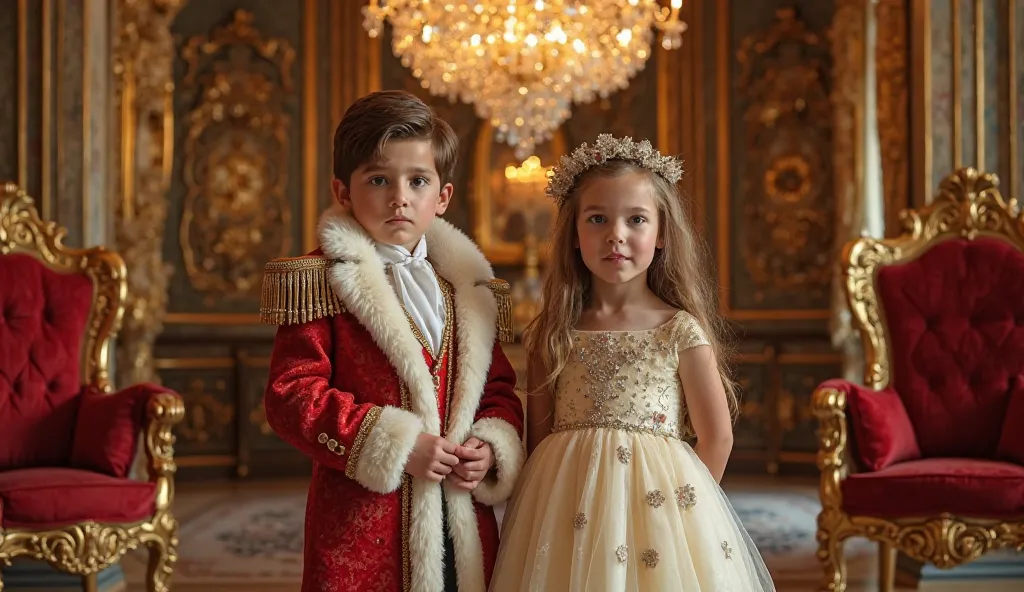 In a lavish, baroque-style room filled with golden accents, a young boy and girl embody royal grace. The boy, dressed in an elaborate red and gold coat with a white fur trim, stands confidently with a serious expression, while the girl, in a flowing cream ...