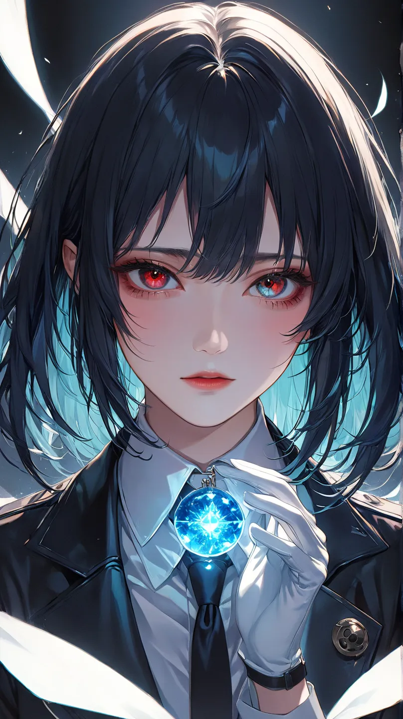 best quality,  downward-facing high resolution  ,1 person,androgynous woman, slender, black jacket,    black hair, tie, white shirt , black pants,Teardrop-shaped mole,Red Eyes, white gloves, long hair,  anime wallpaper 4k ,   beautiful blue sky, ((high det...