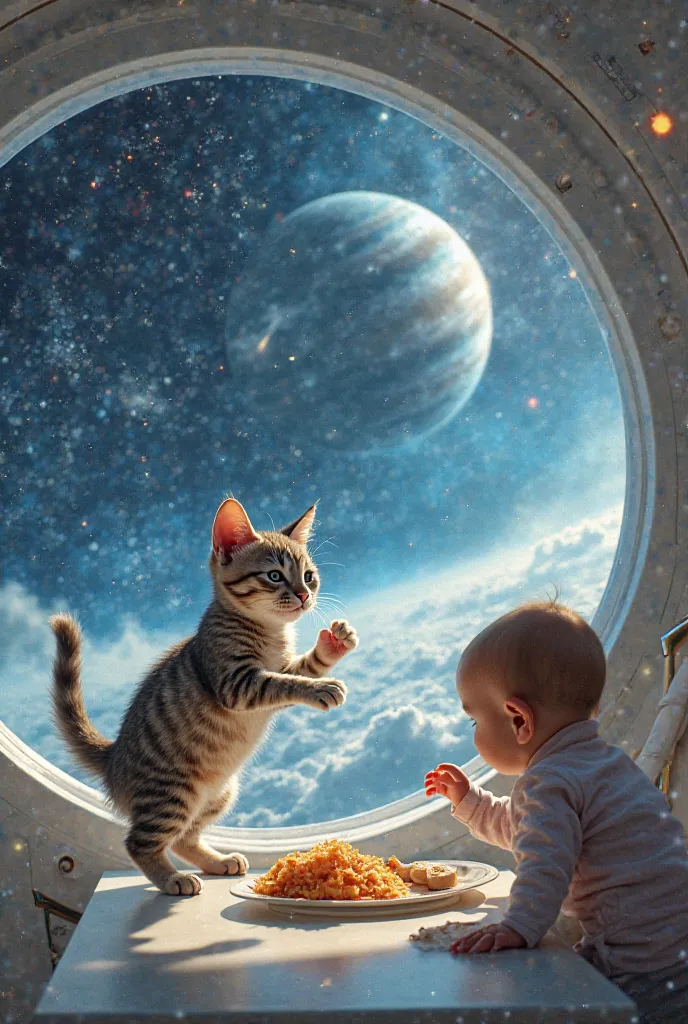 Cat trying to steal a baby's food in outerspace 