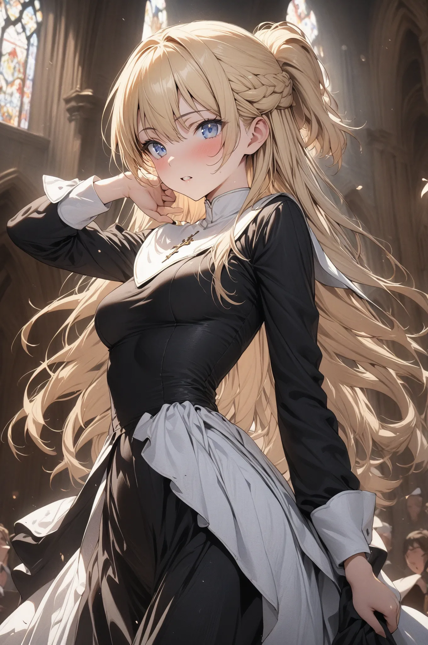 (masterpiece, detailed:1.2), One Girl, elegant, (18-years old), blonde half updo, Medium Breasts, sky blue eyes, BREAK, Highest quality, Random Pose, standing in church, nun