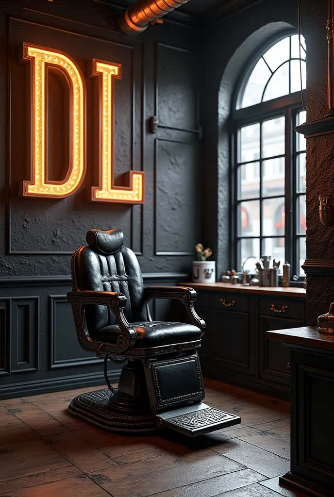 steampunk style , on the wall, the interior of the tattoo salon , there is a black tattoo chair ,on the wall with large DL letters and a darkline lettering in white neon