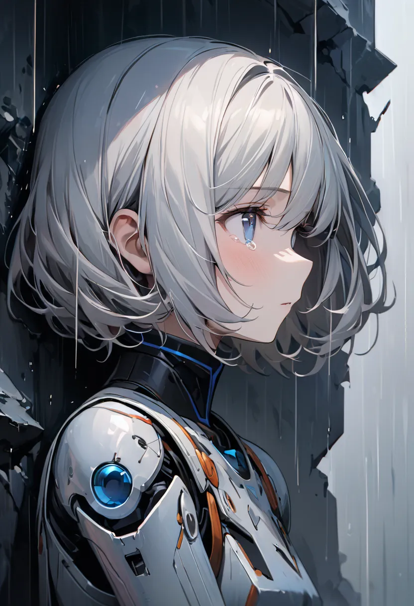 (8k, top quality)、 Ultra High Resolution 、 adorable by design、top quality, beautiful, Absurd beauty、masterpiece、best image quality、Rainy old background,Broken Android,A sad and heart-wrenching piece,Grey World,An Android Girl Who Believes Even When Abandon...