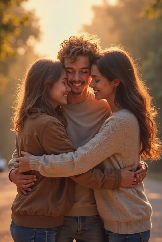 Have the three people in the photos in the foreground hug each other