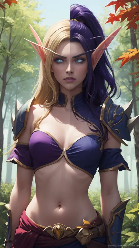 (Masterpiece, highly detailed, highly quality, highly resolutions), upper body, SplitScreen, split screen, BREAK nightelf, angry, clenched teeth, glowing eyes, blue eyes, Purple Hair, colored skin, mature female, purple midriff, navel, purple spike shoulde...