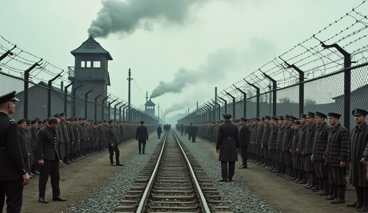 A desolate concentration camp during World War II, surrounded by barbed wire fences and watchtowers under an overcast sky. Emaciated prisoners in striped uniforms stand behind the fence, their faces gaunt and hollow with despair. Smoke rises from chimneys ...