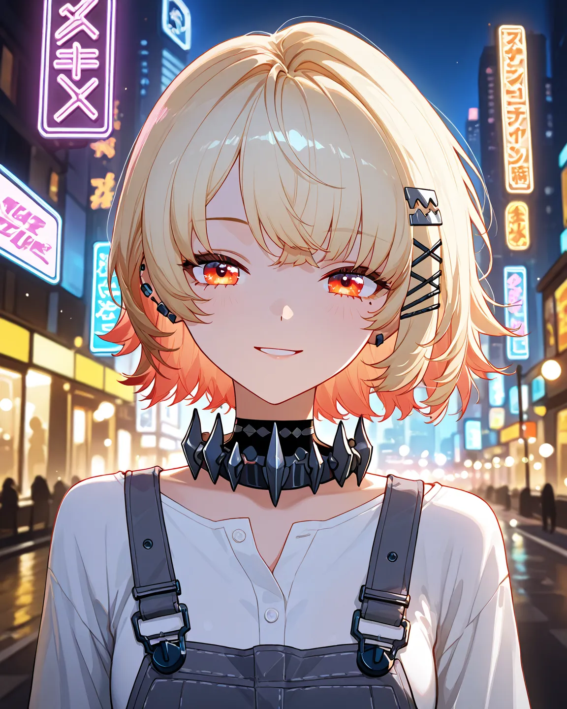 "A stunning anime-style portrait of Ellen Joe from Zenless Zone Zero, standing elegantly in a futuristic cityscape at night. She wears a loose white button-up shirt, giving a soft and elegant vibe. Her hair flows gently in the wind, reflecting the vibrant ...