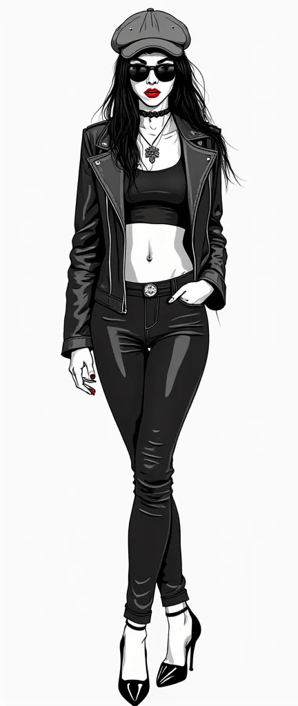 (vector illustration, vector style, simple details:1.4)), (black and white and red),(black inking, flat colours:1.5), (full lenght;1.4), psychobilly woman, long straight black hair, red lipstick, (dressed in short black leather jacket, black leather jeans,...