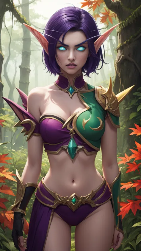 (Masterpiece, highly detailed, highly quality, highly resolutions), upper body, ((SplitScreen, split screen, BREAK nightelf, angry, clenched teeth, glowing eyes, blue eyes, Purple Hair, colored skin, mature female, purple midriff, navel, purple spike shoul...