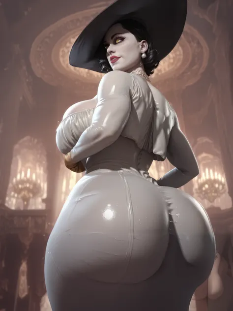 alcina, ass focus, turnaround, Anatomically correct, young girl, yellow eyes,black hair,short hair,white dress, high cheekbones, glossy lips, thick lips, curvaceous, wide hips, big breast, huge ass, milf, hoop earrings, tane skin, upper body, standing, cu...