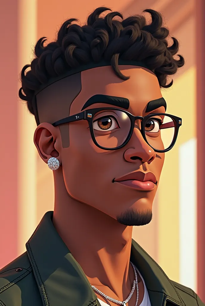 Animation of black twink man with a modern hair style and earring and necklace ,light clean face lips and dark skin tone with glasses , stylish hair, brown eyes ,curly hair 