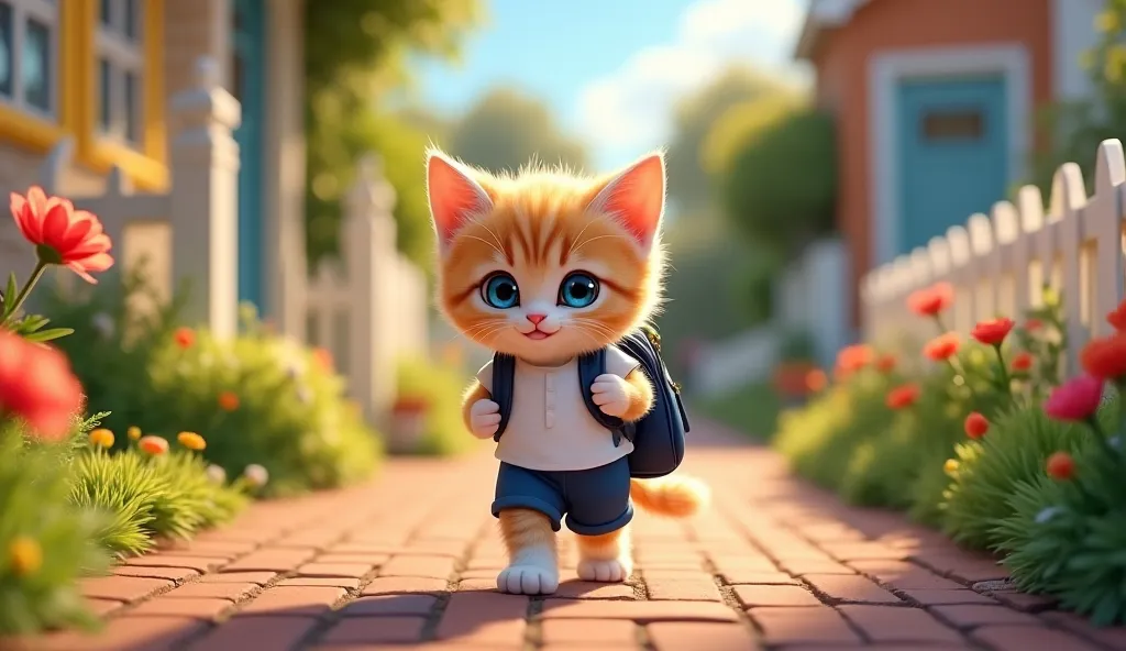 "A super cute, fluffy kitten with big bright blue eyes, wearing a white shirt and navy blue shorts, walking confidently on a brick pathway. The kitten has a dark blue school backpack on its back, looking excited and happy. The scene is set in a beautiful, ...