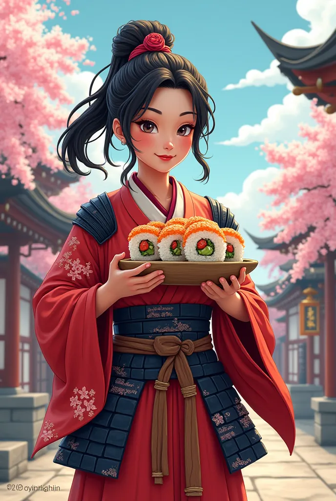 samurai woman holding rolls in a cartoon 