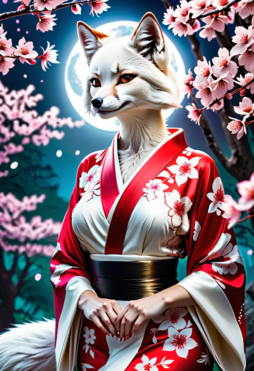 Anthropomorphic sexy white fox  dressed as a sexy Japanese geisha, visible cleavage, wearing an open decorated kimono, in a cherry blossom forest, in the moonlight, view from below looking up, photorealistic, high quality photography, 