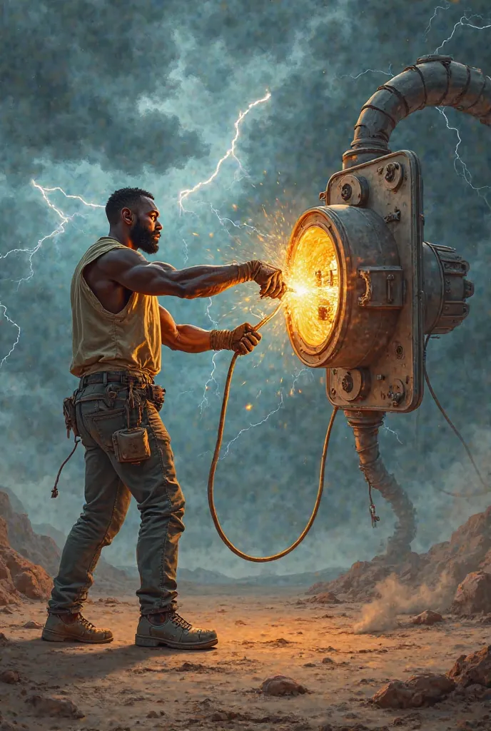 A dramatic surrealist illustration of a muscular Black man in his 30s, wearing rugged work gloves and a sleeveless shirt, straining to pull a colossal, futuristic electrical plug from an enormous, glowing socket. The plug and socket are metallic, industria...