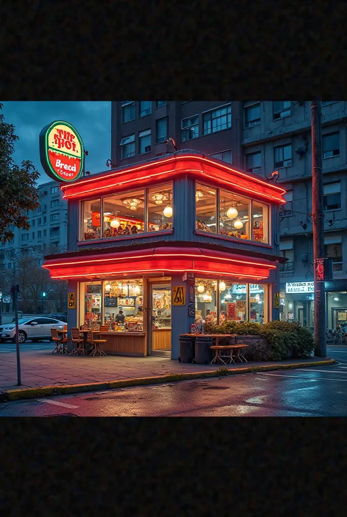 Fast food big shop close view night opening no coustmer