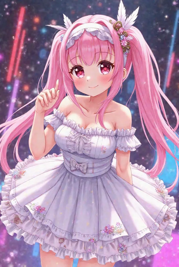 “A charming anime-style character with long, flowing pink hair styled in a soft twin-tail fashion. She wears a headband adorned with decorative elements like feathers and ribbons. Her large pink eyes radiate a gentle yet curious expression, and her slightl...