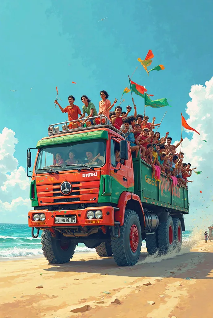 A large truck with many people inside is going to roam around the beach. The truck's body color is the flag of Bangladesh.