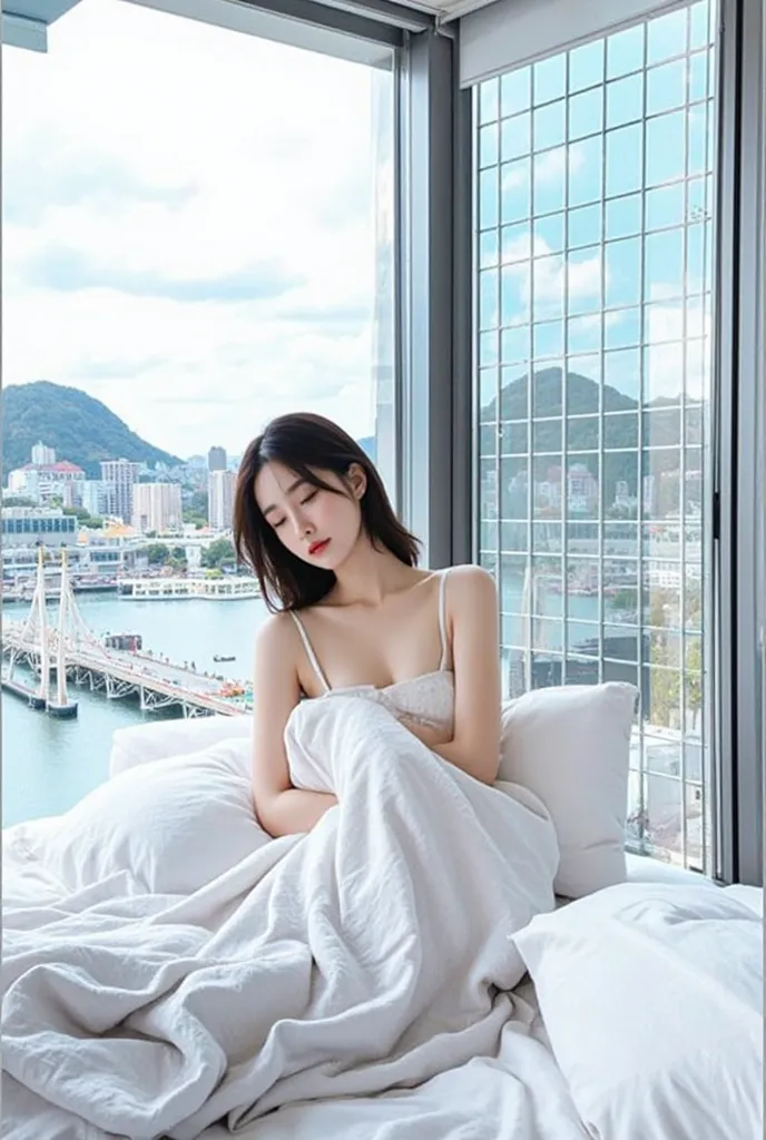 A Korea woman in bed, covering herself with a white blanket, 