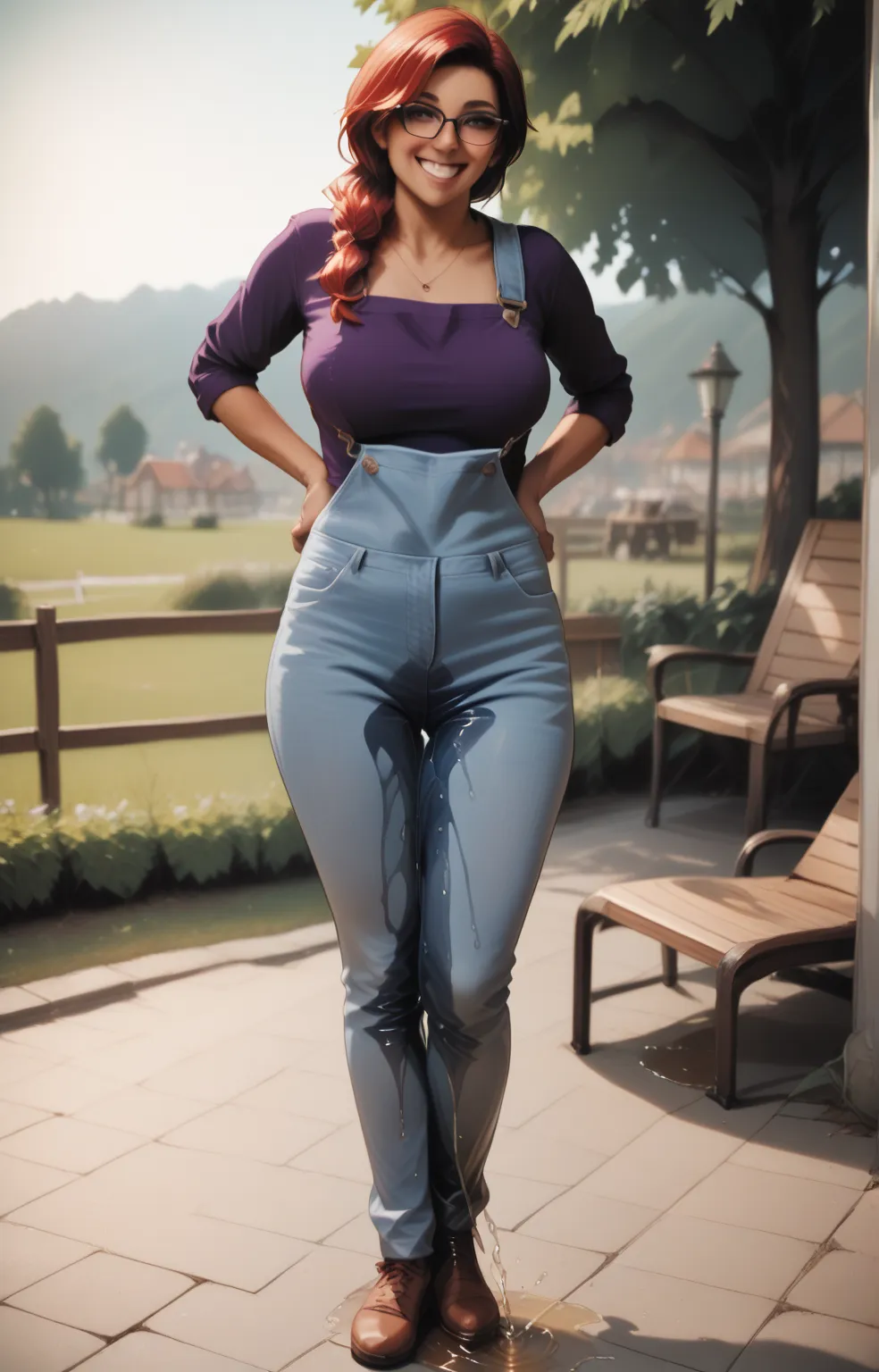 Maru from Stardew Valley. 18 years old. Arfo-american. Big Smile. Dark Brown skin. Shoulder long brown and red hair. Straight hair. Glasses. Curvy hips. Slender figure. Big breasts. Purple shirt. Jeans jumpsuit. Jeans overalls. Standing in her room surroud...