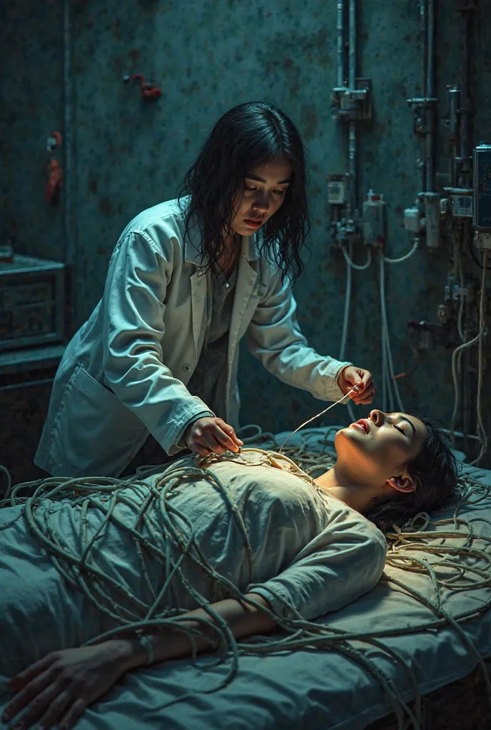 A female doctor looks like she connects wires to a person who is sitting with a lot of hoses connected to her body , It's a clandestine experiment 