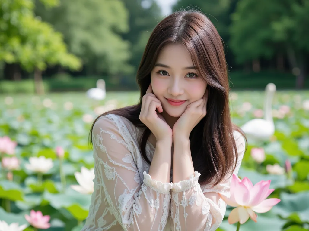 a beautiful woman from Malaysia is smiling very sweetly, very natural typical of a Malaysian face, is in a flower garden, background lake, lotus flowers, swans, maple trees, realistic, hyper detailed, ultra HD, 
photography 

👉 Fitri Nainu ☄